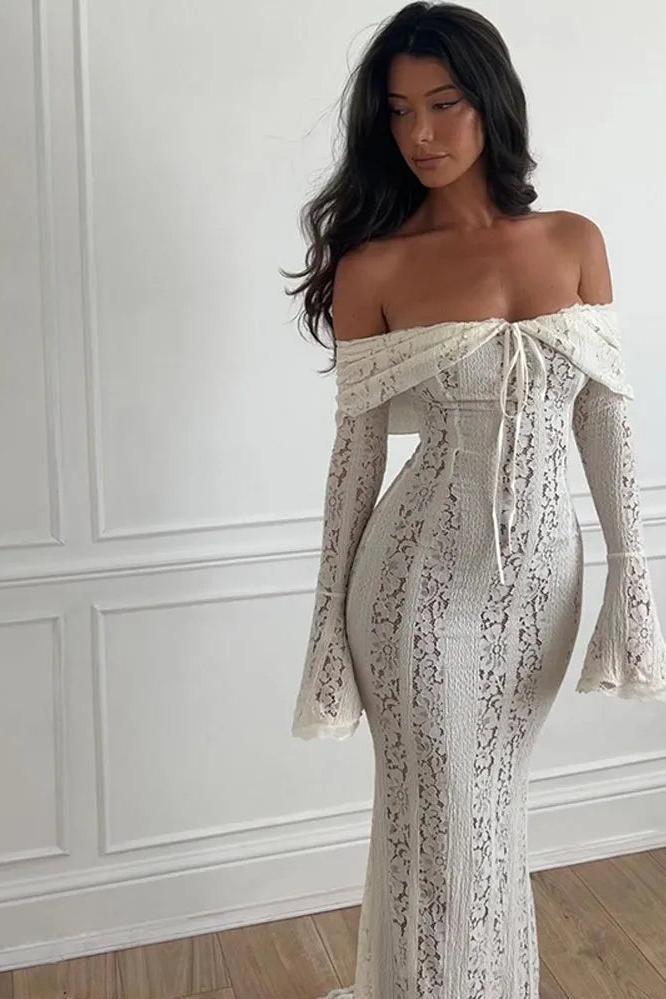 White Off Shoulder Long Sleeve Maxi Summer Dress
