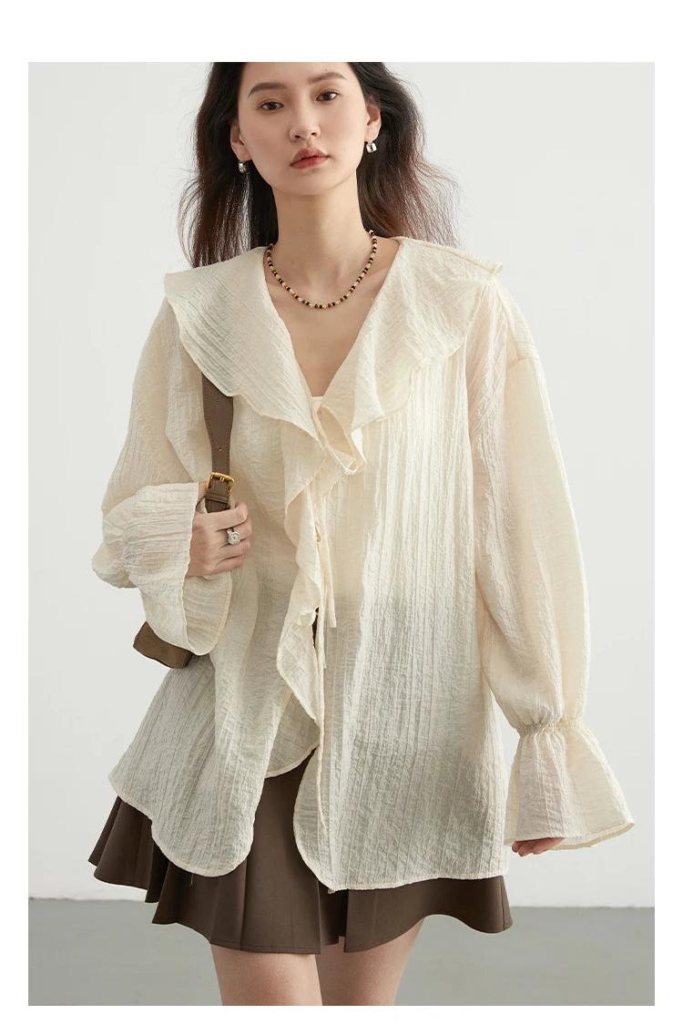 Loose Blouse V Neck Lace Up Mid Length