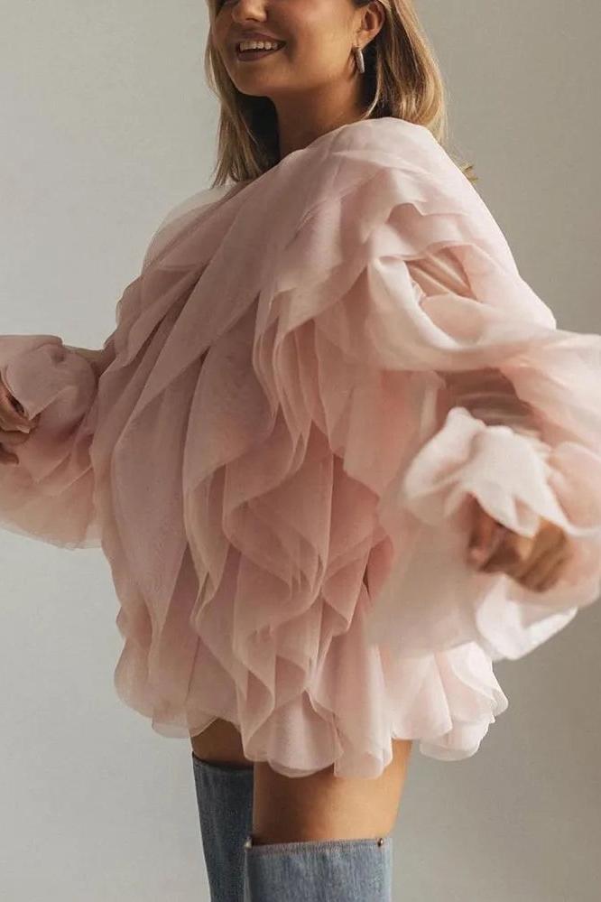 Lantern Sleeve Spliced Lace Up Loose Blouse