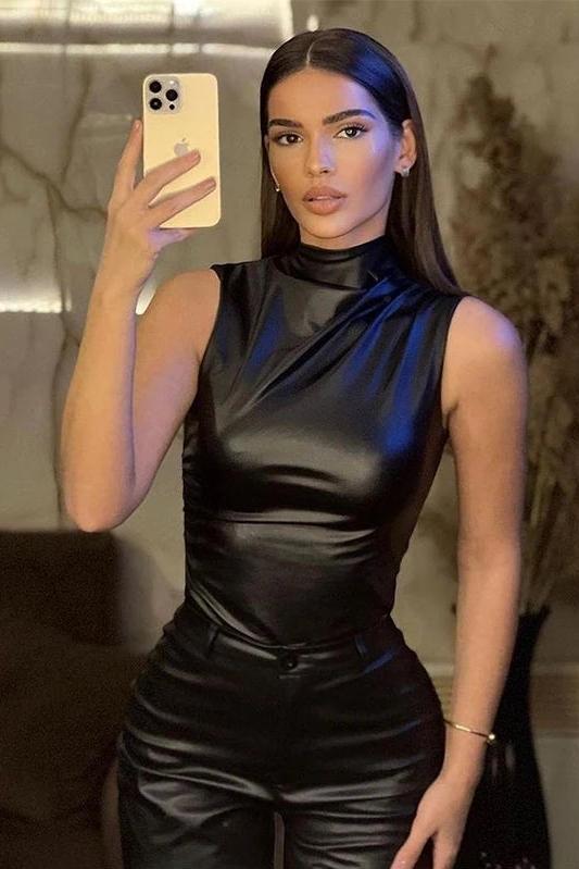 Sleeveless Burgundy and Black Faux Leather Draped Top