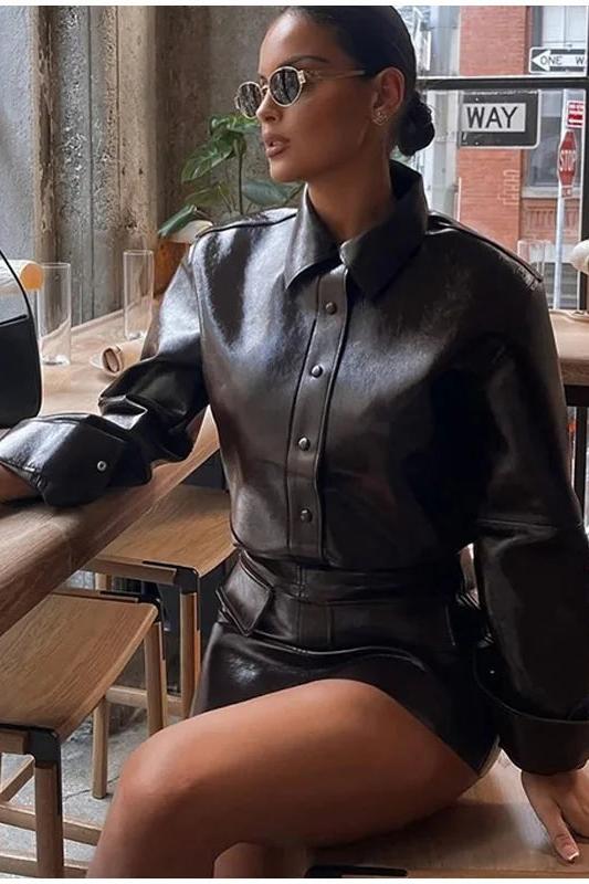 PU Leather Jackets Short Skirt Sets