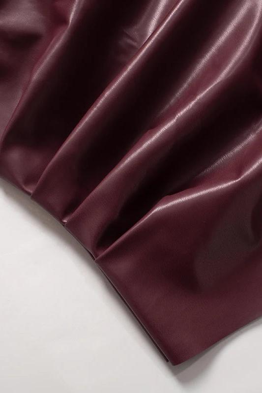 Sleeveless Burgundy and Black Faux Leather Draped Top