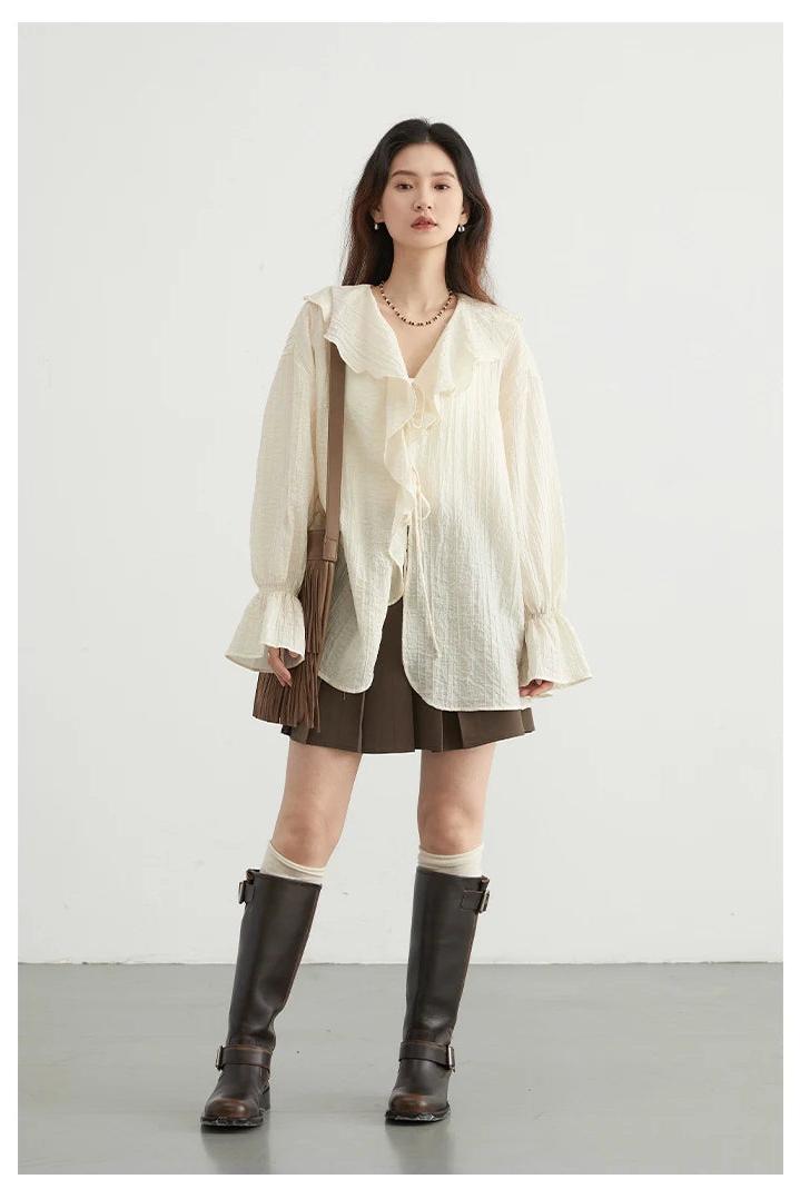 Loose Blouse V Neck Lace Up Mid Length