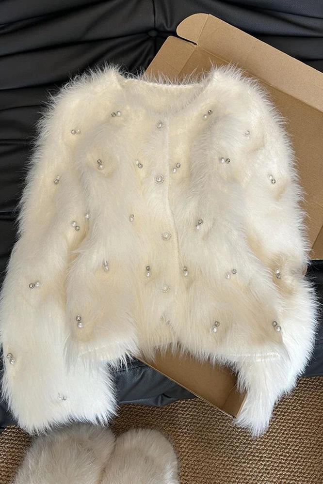 White Cardigan with Pearls Long Sleeve Knitted Top
