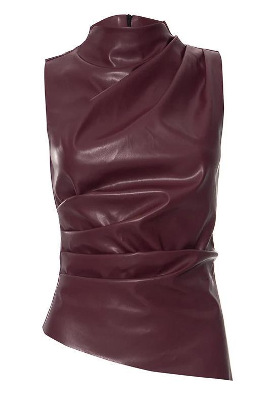 Sleeveless Burgundy and Black Faux Leather Draped Top