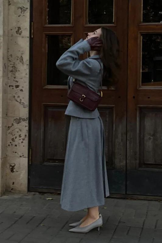 Grey Suits Woolen Blazer and Skirt