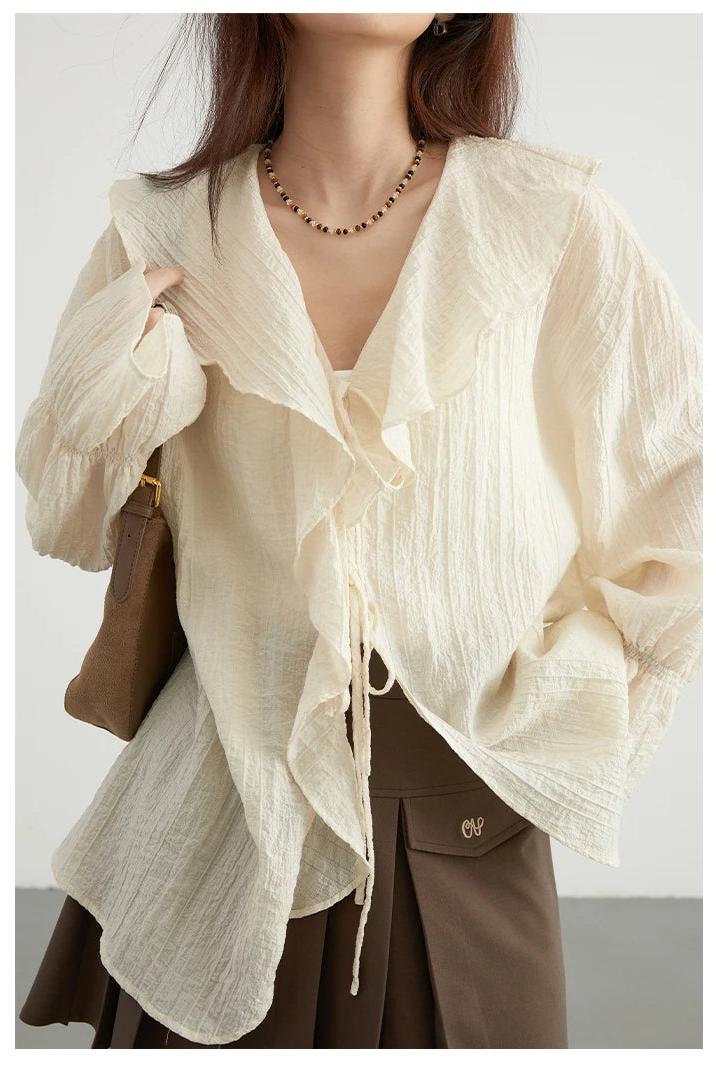 Loose Blouse V Neck Lace Up Mid Length