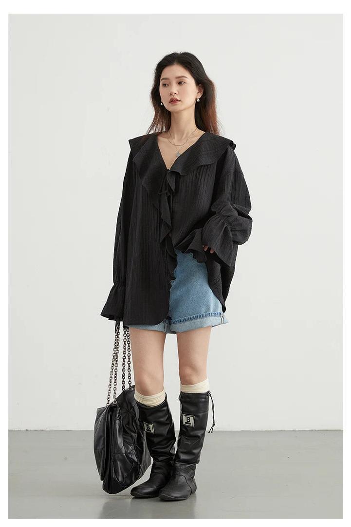 Loose Blouse V Neck Lace Up Mid Length
