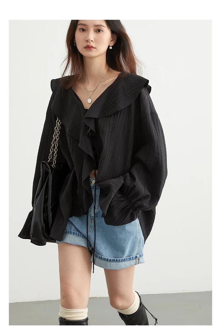 Loose Blouse V Neck Lace Up Mid Length