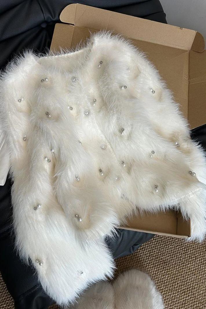 White Cardigan with Pearls Long Sleeve Knitted Top