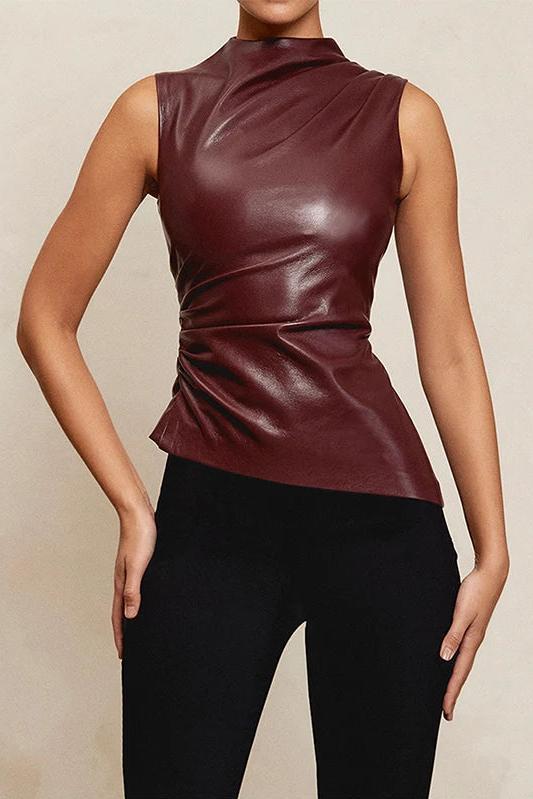Sleeveless Burgundy and Black Faux Leather Draped Top