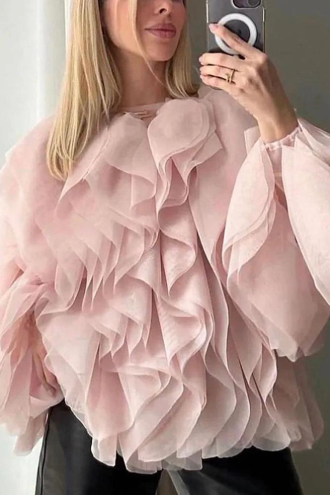 Lantern Sleeve Spliced Lace Up Loose Blouse