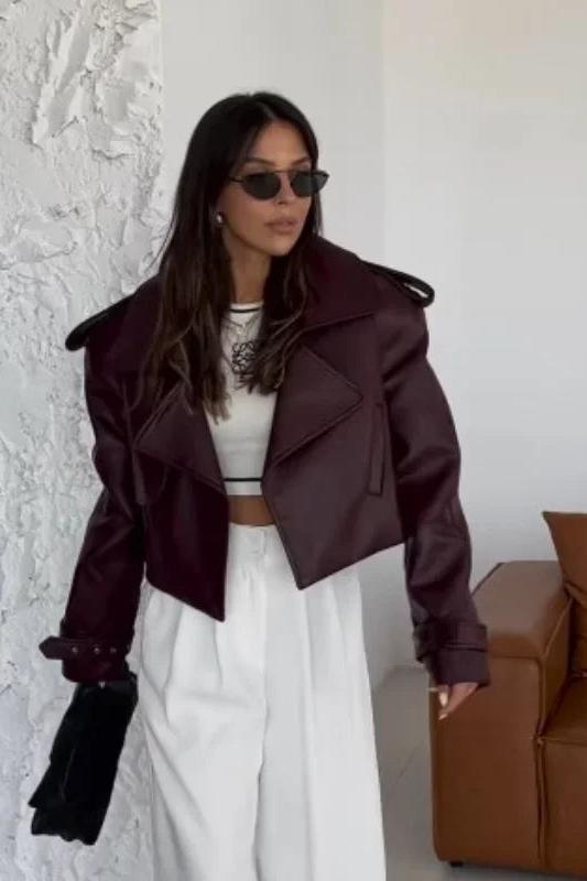 Burgundy Cropped Leather Jacket