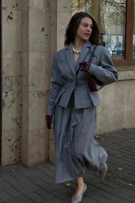 Grey Suits Woolen Blazer and Skirt