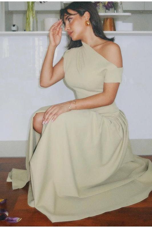 Pleated Midi Dress Short Sleeve Open Shoulder