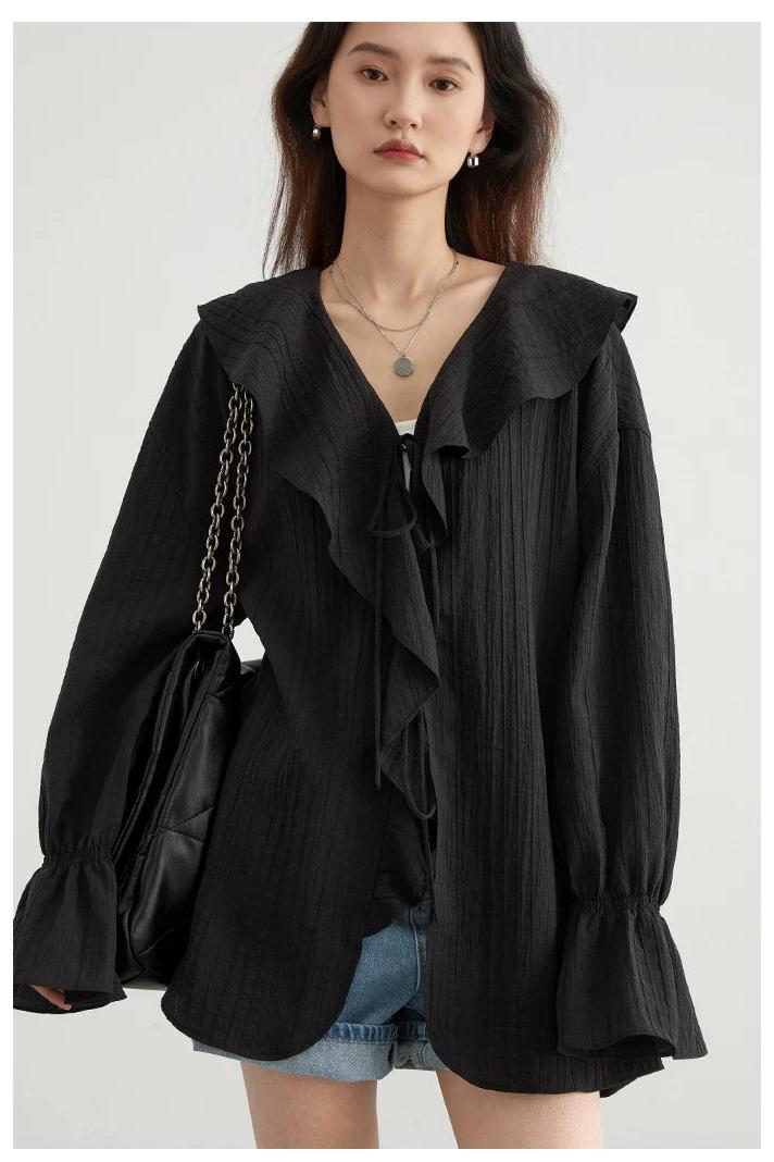 Loose Blouse V Neck Lace Up Mid Length