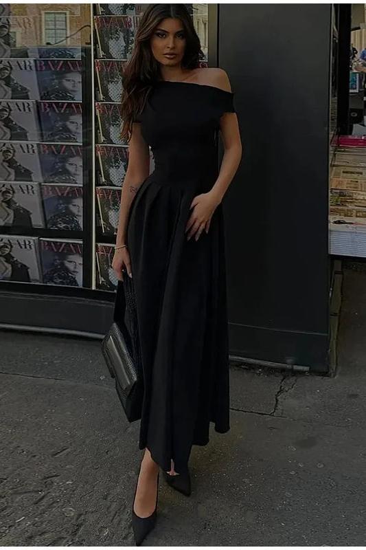 Pleated Midi Dress Short Sleeve Open Shoulder