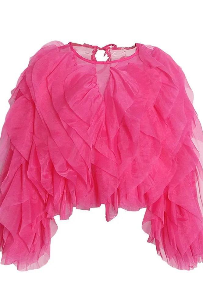 Lantern Sleeve Spliced Lace Up Loose Blouse