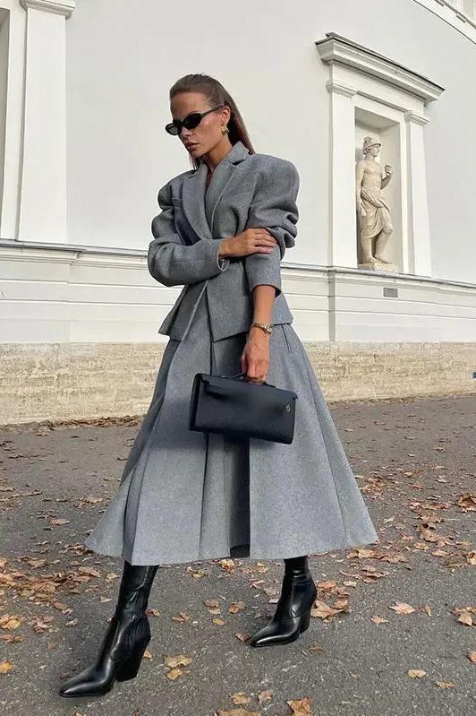 Grey Suits Woolen Blazer and Skirt