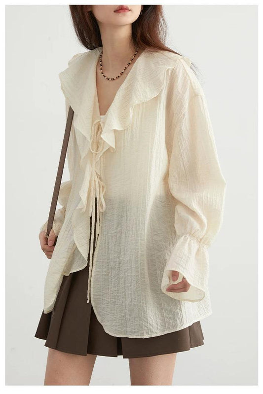 Loose Blouse V Neck Lace Up Mid Length
