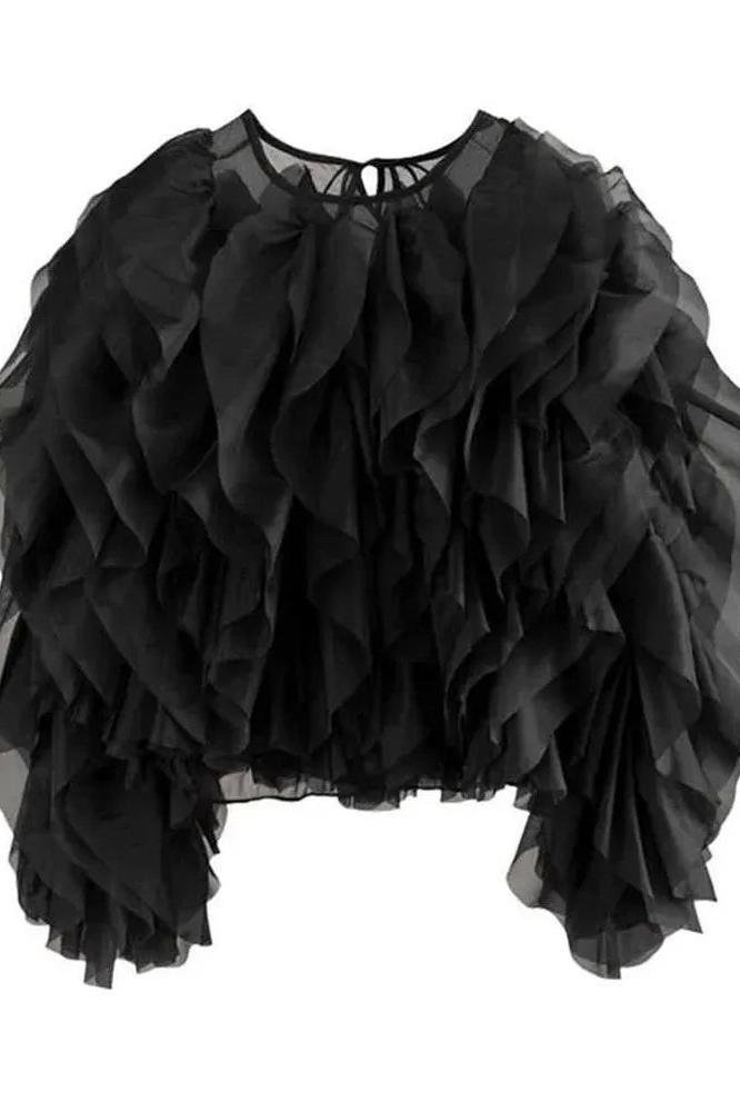 Lantern Sleeve Spliced Lace Up Loose Blouse