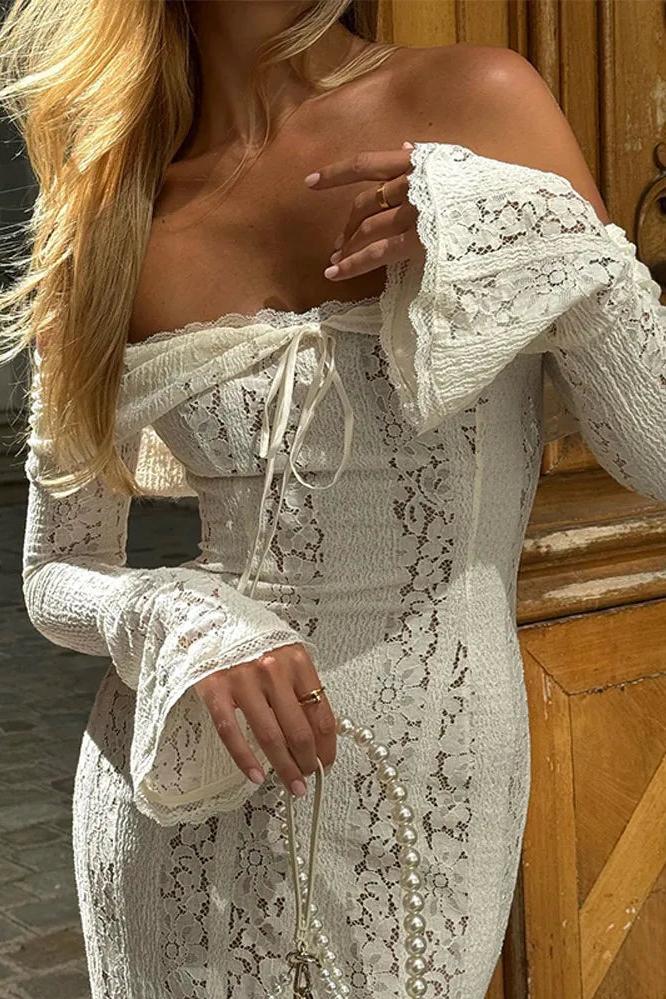 White Off Shoulder Long Sleeve Maxi Summer Dress
