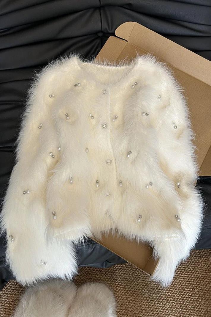 White Cardigan with Pearls Long Sleeve Knitted Top
