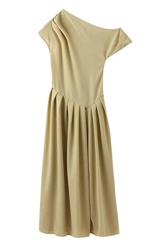 Pleated Midi Dress Short Sleeve Open Shoulder