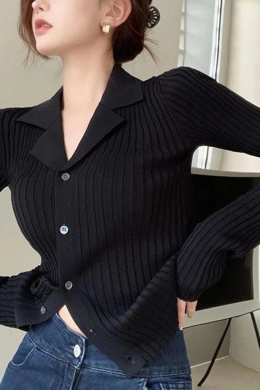 Black Knitted Cardigans Slim Fit Long Sleeve Top
