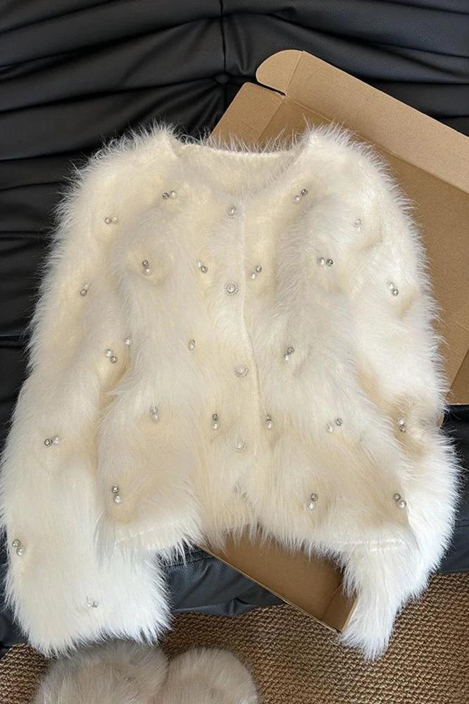 White Cardigan with Pearls Long Sleeve Knitted Top