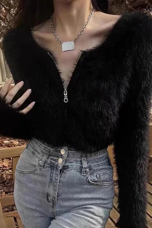 Zip Up Crop Knit Cardigan Long Sleeve