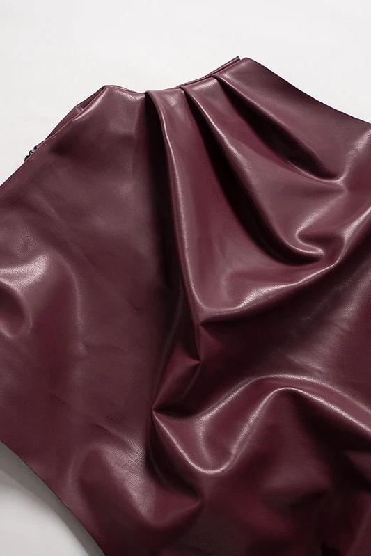 Sleeveless Burgundy and Black Faux Leather Draped Top