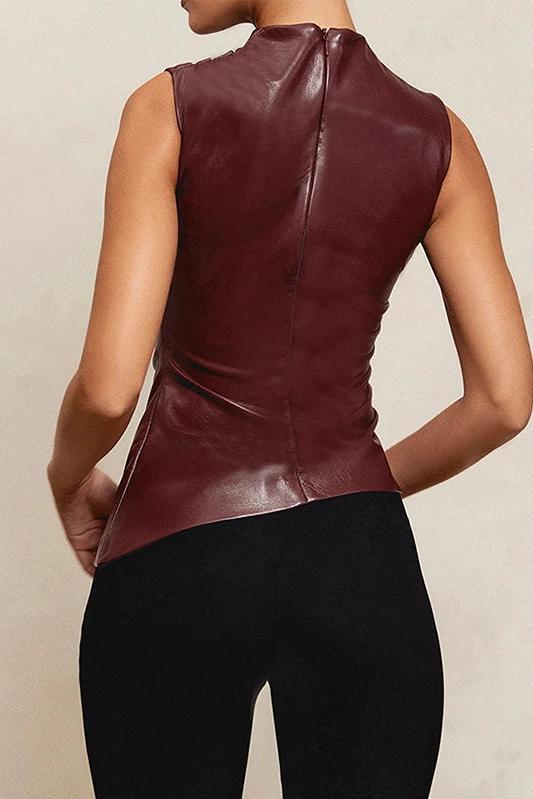 Sleeveless Burgundy and Black Faux Leather Draped Top
