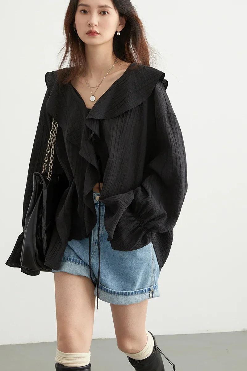 Loose Blouse V Neck Lace Up Mid Length