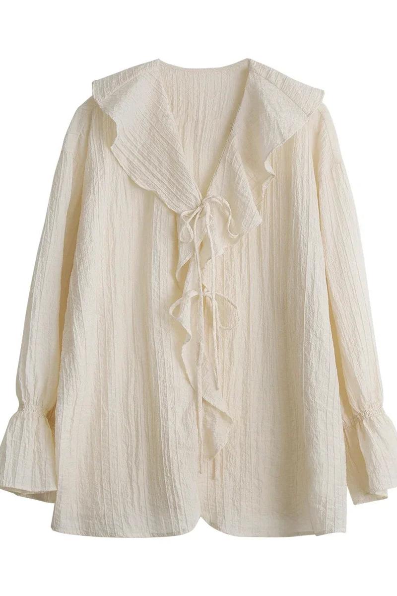 Loose Blouse V Neck Lace Up Mid Length