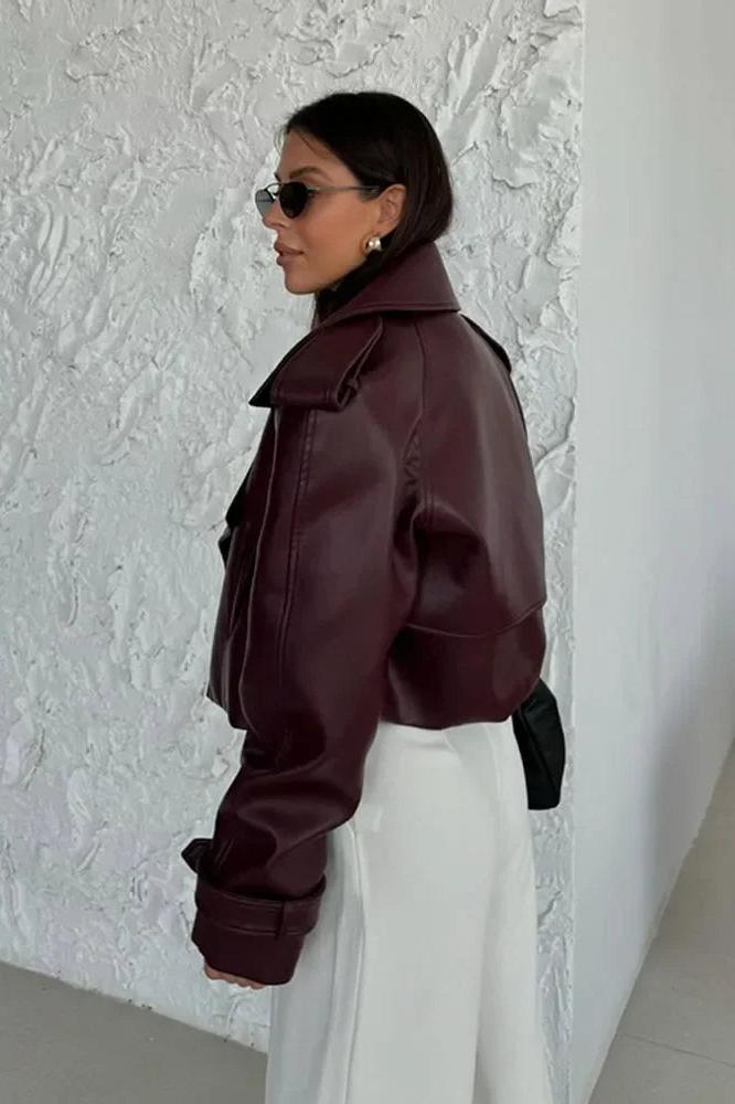 Burgundy Cropped Leather Jacket