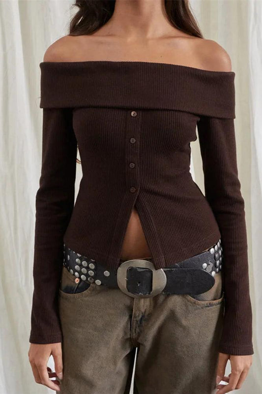 Long Sleeve Neck Off-shoulder Tops Buttons Closure Solid Slim Fit