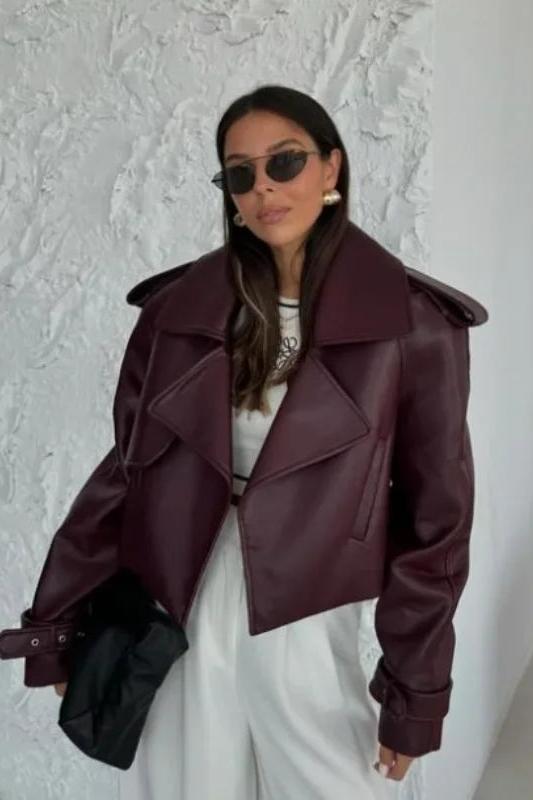 Burgundy Cropped Leather Jacket