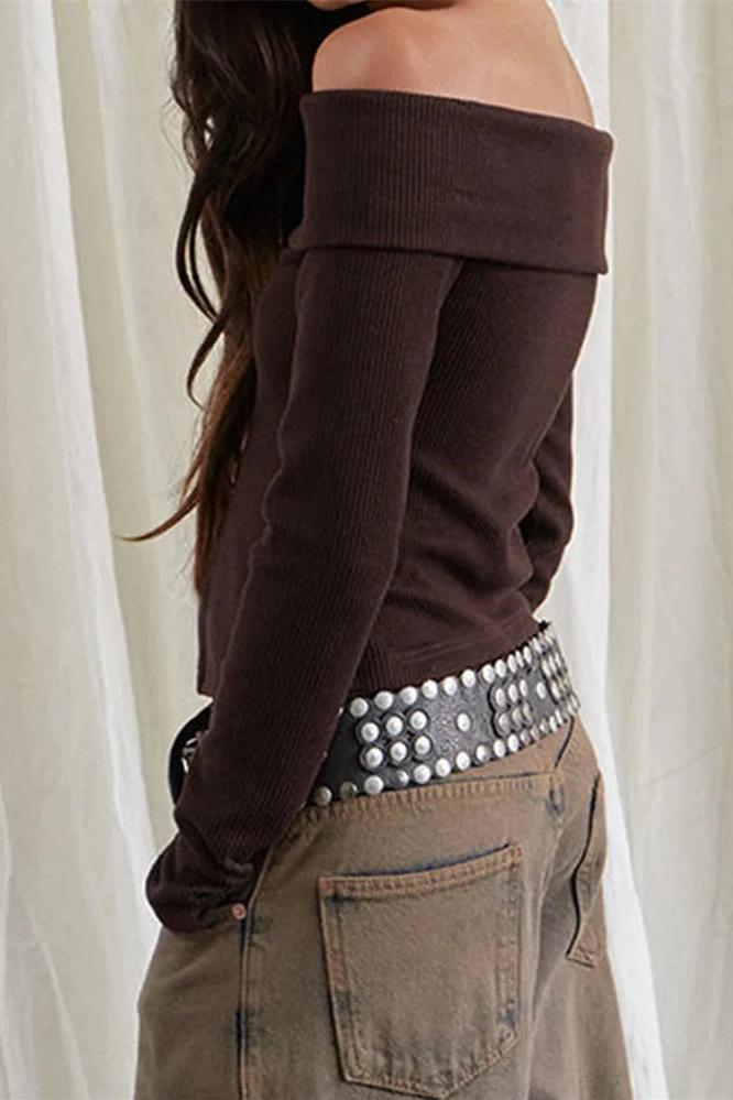 Long Sleeve Neck Off-shoulder Tops Buttons Closure Solid Slim Fit