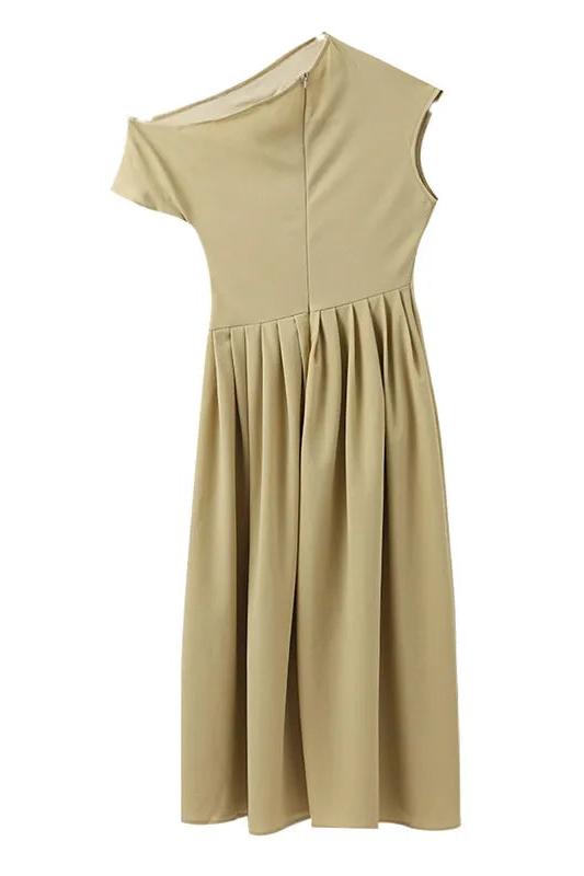 Pleated Midi Dress Short Sleeve Open Shoulder