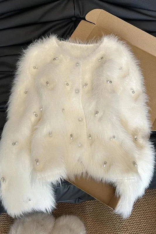 White Cardigan with Pearls Long Sleeve Knitted Top
