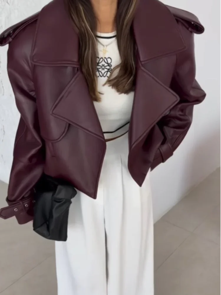Burgundy Cropped Leather Jacket