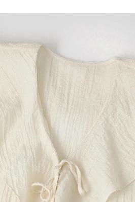 Loose Blouse V Neck Lace Up Mid Length