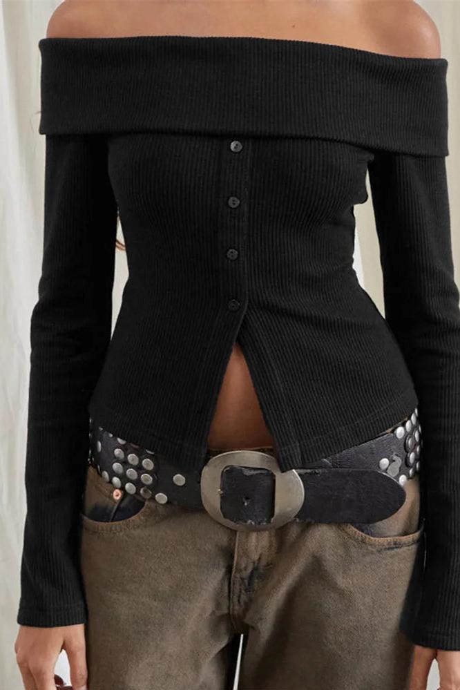 Long Sleeve Neck Off-shoulder Tops Buttons Closure Solid Slim Fit