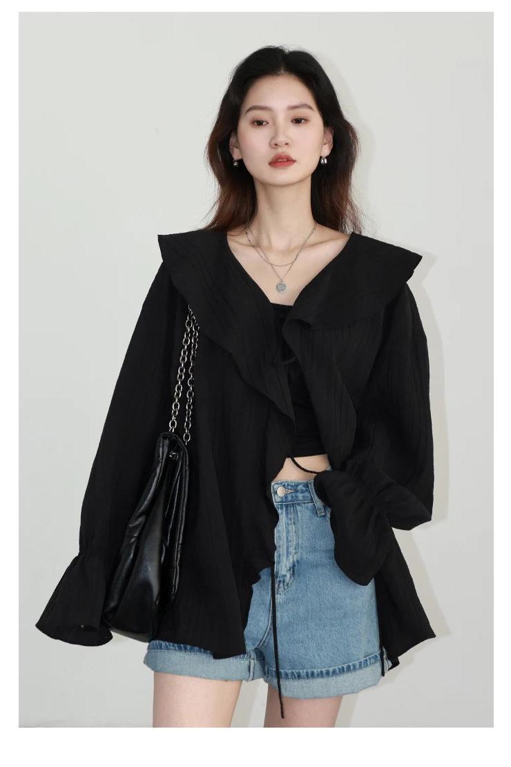 Loose Blouse V Neck Lace Up Mid Length