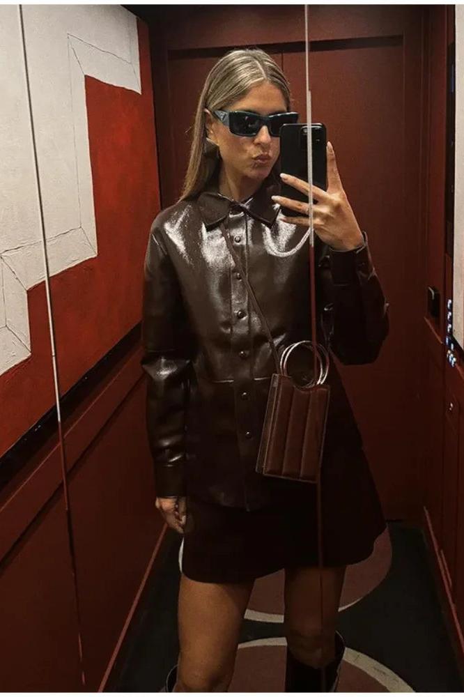 PU Leather Jackets Short Skirt Sets