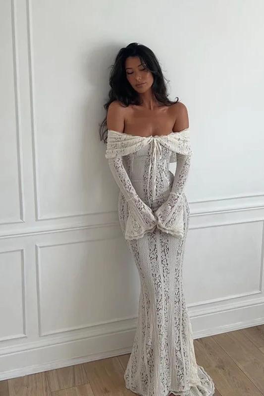 White Off Shoulder Long Sleeve Maxi Summer Dress