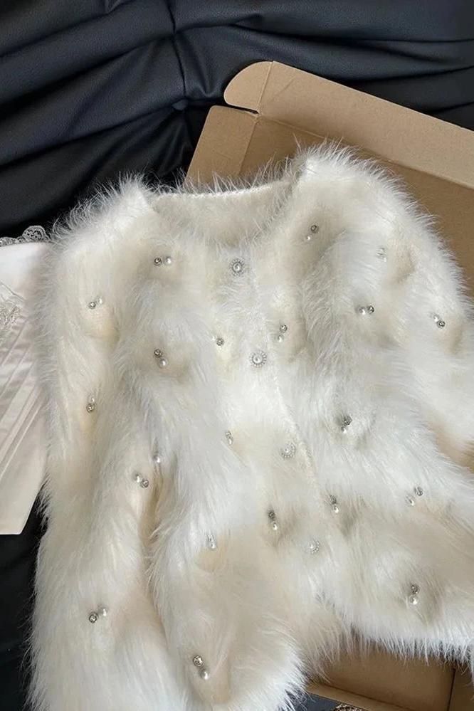 White Cardigan with Pearls Long Sleeve Knitted Top