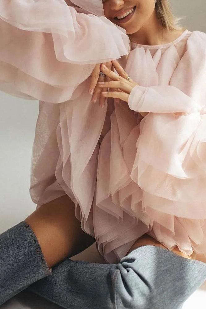 Lantern Sleeve Spliced Lace Up Loose Blouse