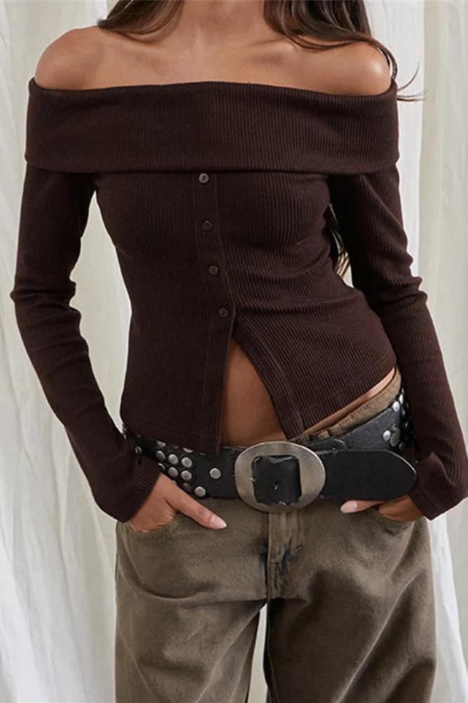 Long Sleeve Neck Off-shoulder Tops Buttons Closure Solid Slim Fit